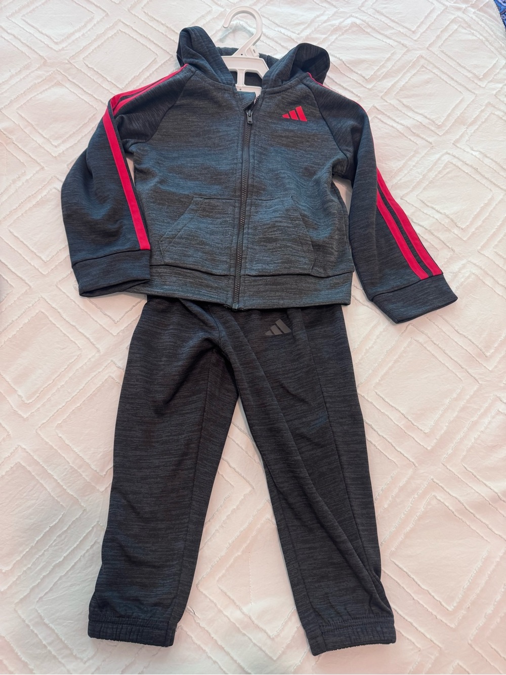 adidas Kids Charcoal Gray Jogger Set with Pink Stripes